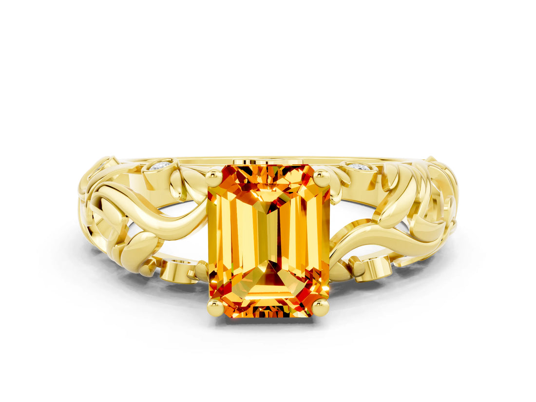 Yellow gold Emerald Cut Solitaire Citrine Leaf-Inspired Vine Band Ring with Prong Setting