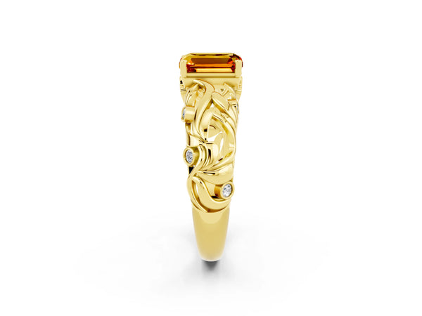 Yellow gold Emerald Cut Solitaire Citrine Leaf-Inspired Vine Band Ring with Prong Setting