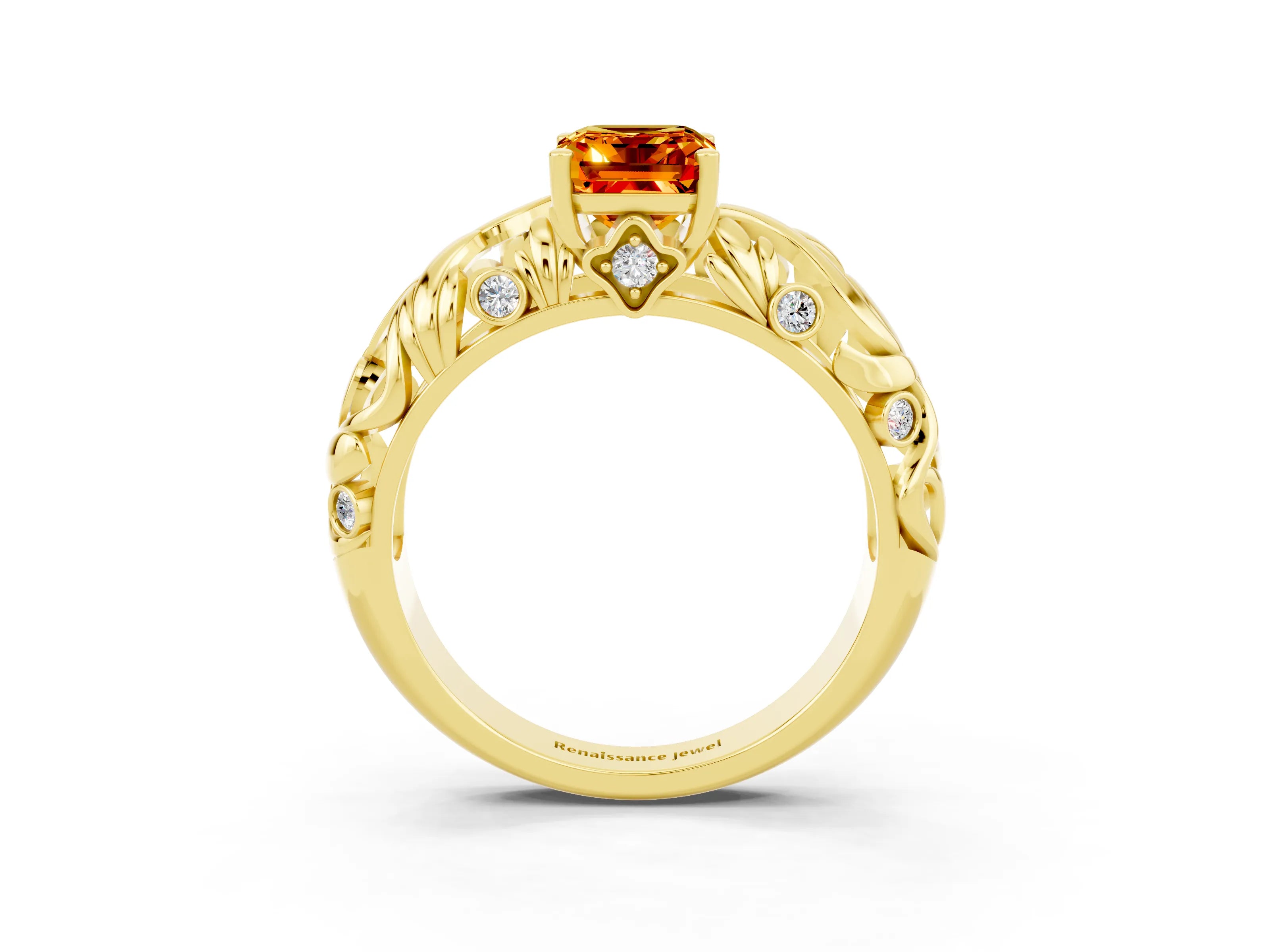 Yellow gold Emerald Cut Solitaire Citrine Leaf-Inspired Vine Band Ring with Prong Setting_3