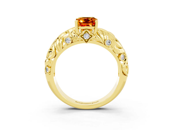 Yellow gold Emerald Cut Solitaire Citrine Leaf-Inspired Vine Band Ring with Prong Setting