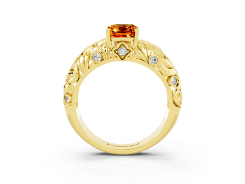 Yellow gold Emerald Cut Solitaire Citrine Leaf-Inspired Vine Band Ring with Prong Setting_3