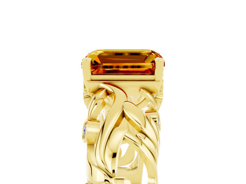 Yellow gold Emerald Cut Solitaire Citrine Leaf-Inspired Vine Band Ring with Prong Setting_5