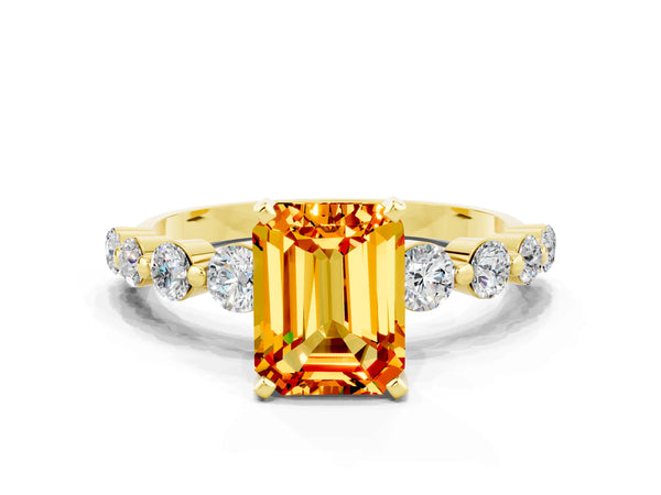 Yellow gold Emerald Cut Solitaire Citrine Ring with Pave Band and Four-Prong Setting