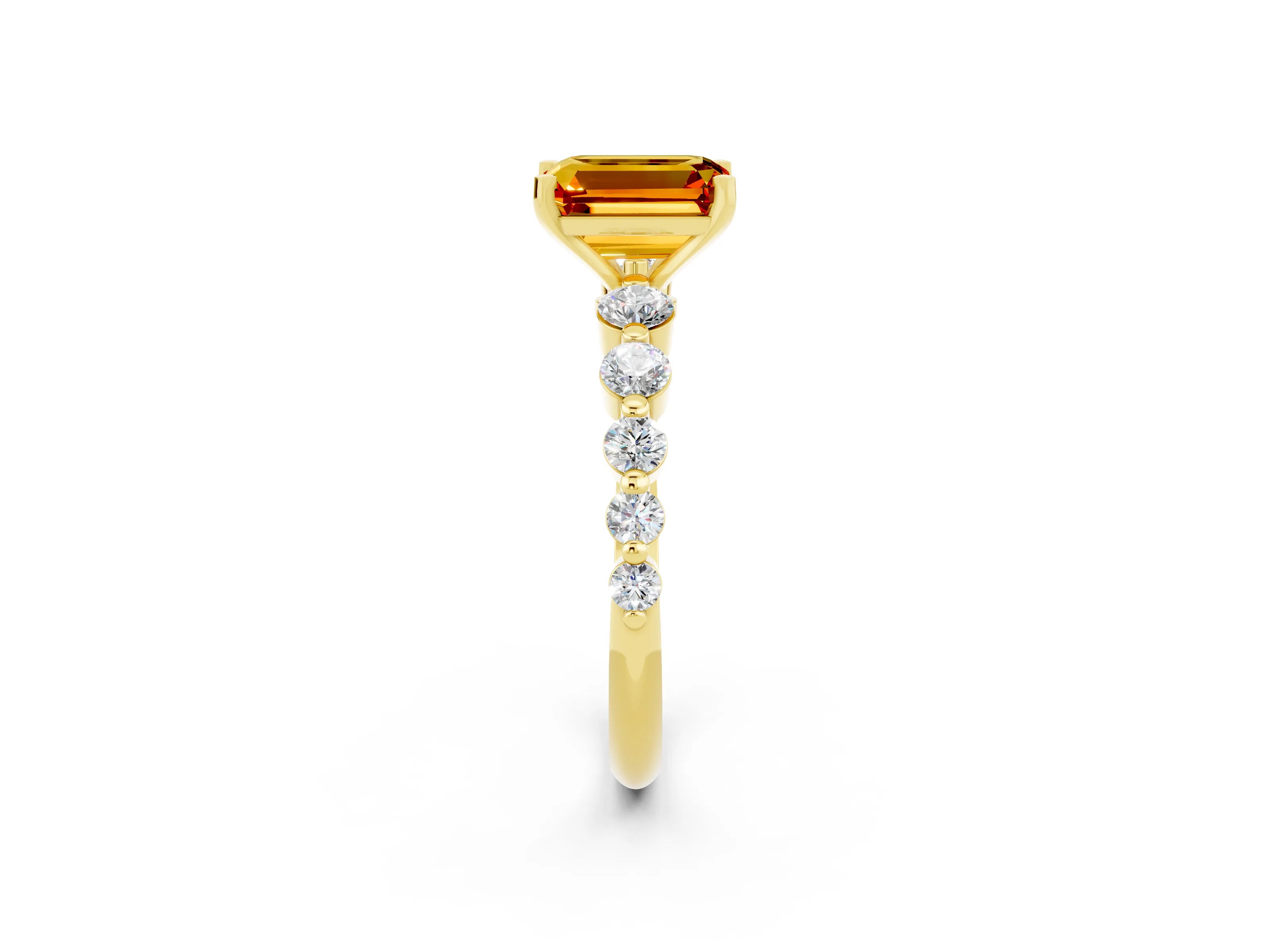 Yellow gold Emerald Cut Solitaire Citrine Ring with Pave Band and Four-Prong Setting_2