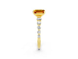 Yellow gold Emerald Cut Solitaire Citrine Ring with Pave Band and Four-Prong Setting_2