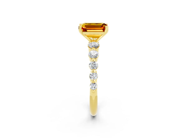 Yellow gold Emerald Cut Solitaire Citrine Ring with Pave Band and Four-Prong Setting