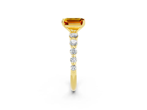 Yellow gold Emerald Cut Solitaire Citrine Ring with Pave Band and Four-Prong Setting_2