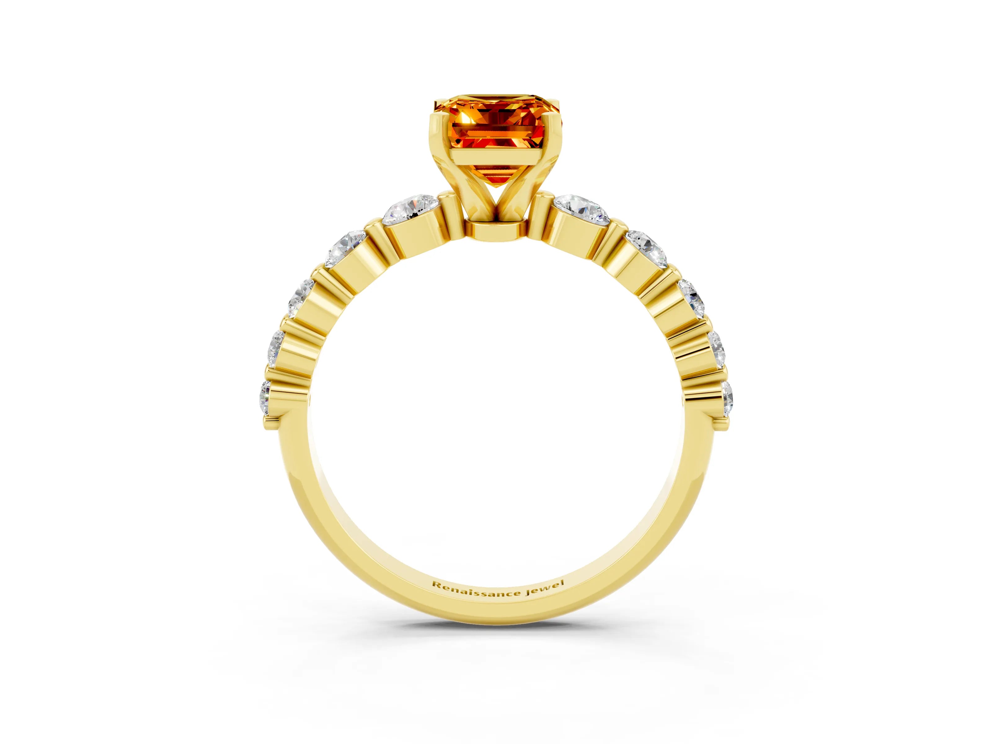 Yellow gold Emerald Cut Solitaire Citrine Ring with Pave Band and Four-Prong Setting_3