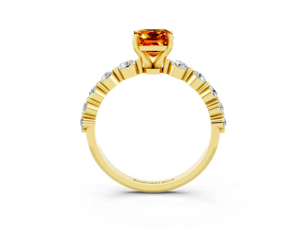 Yellow gold Emerald Cut Solitaire Citrine Ring with Pave Band and Four-Prong Setting