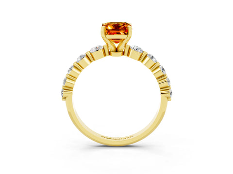 Yellow gold Emerald Cut Solitaire Citrine Ring with Pave Band and Four-Prong Setting_3