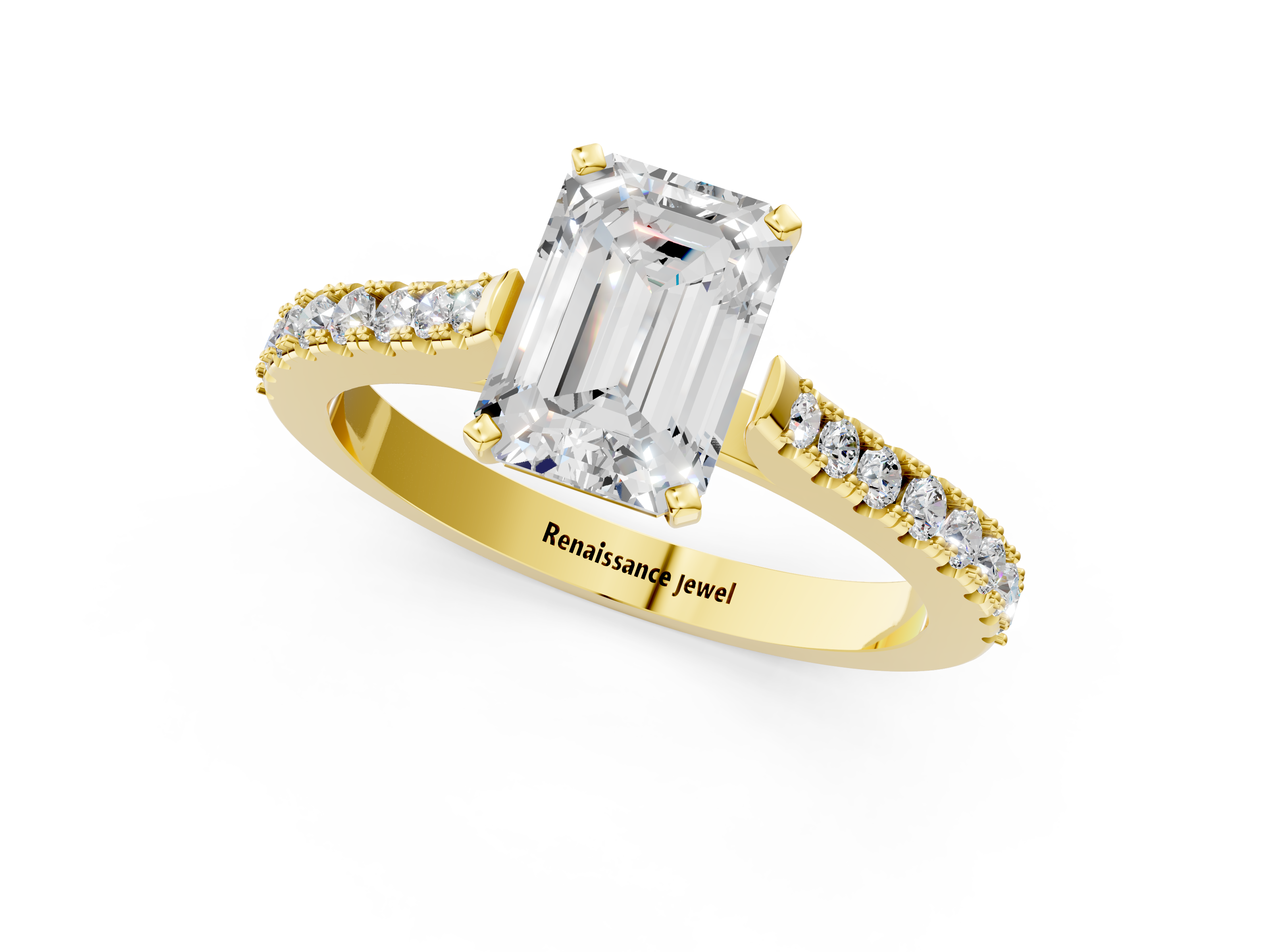 Yellow gold Emerald Cut Solitaire Diamond Engagement Ring with Pave Band and Four-Prong Setting_156