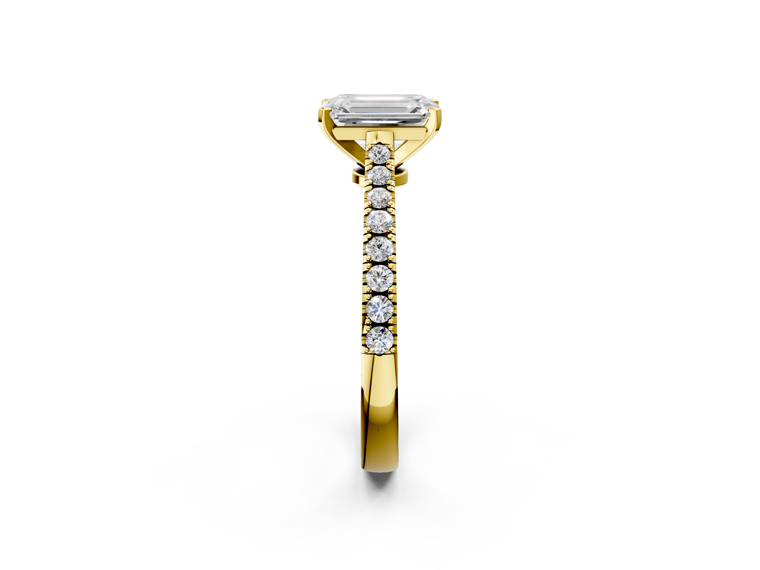 Yellow gold Emerald Cut Solitaire Diamond Engagement Ring with Pave Band and Four-Prong Setting_157