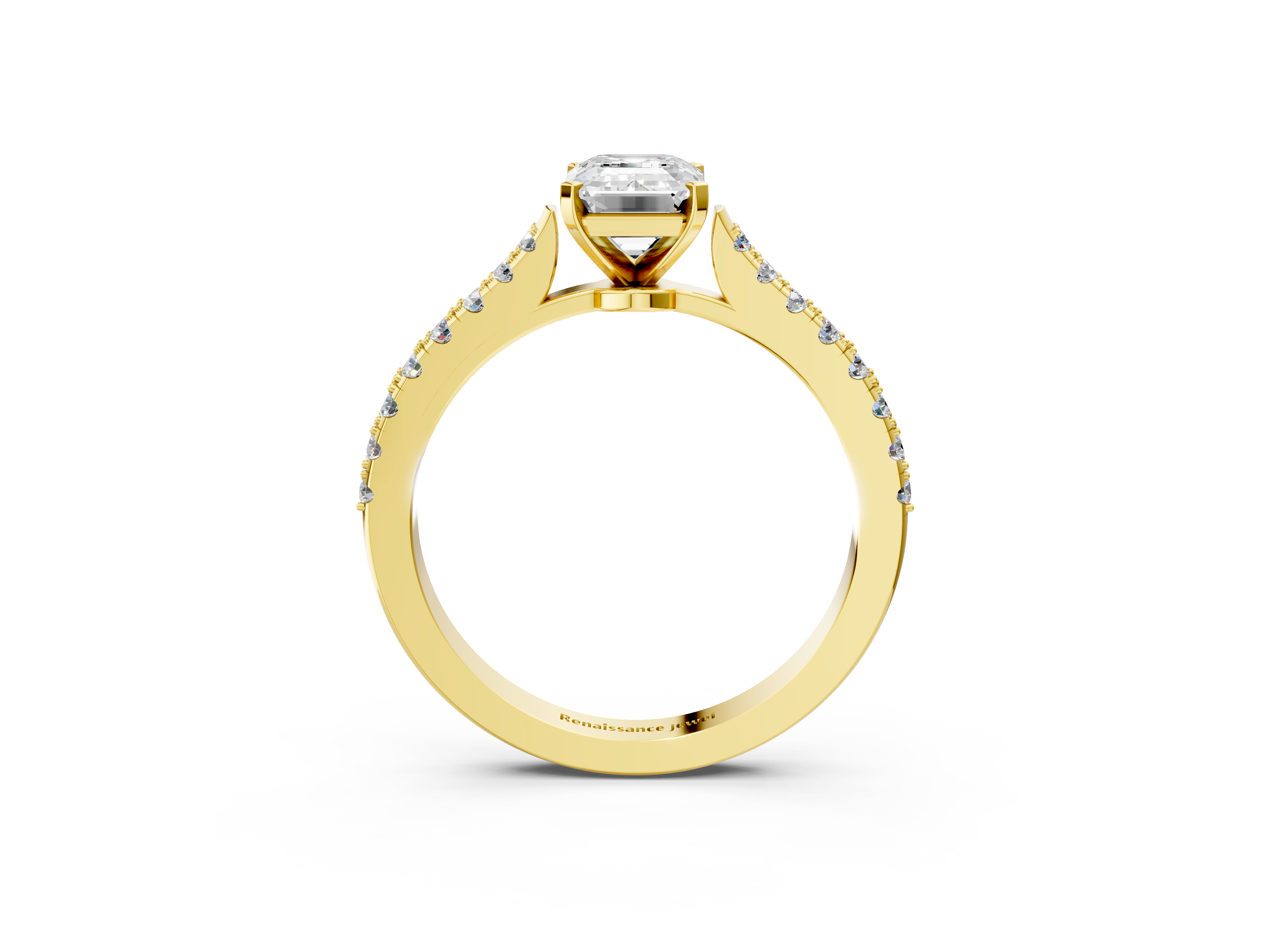 Yellow gold Emerald Cut Solitaire Diamond Engagement Ring with Pave Band and Four-Prong Setting_158