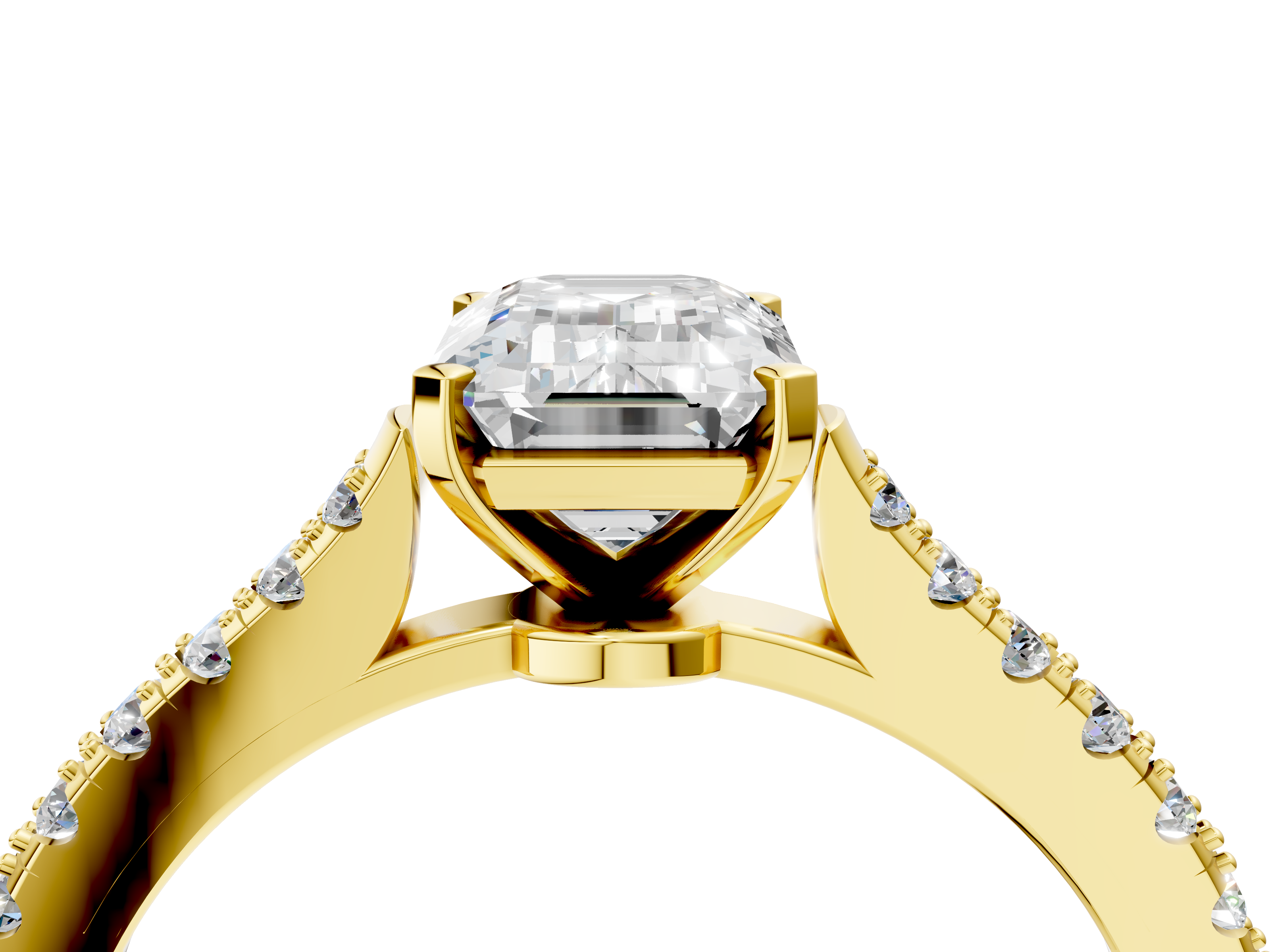 Yellow gold Emerald Cut Solitaire Diamond Engagement Ring with Pave Band and Four-Prong Setting_159