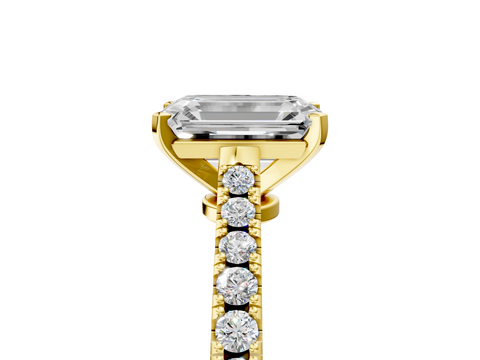 Yellow gold Emerald Cut Solitaire Diamond Engagement Ring with Pave Band and Four-Prong Setting_160