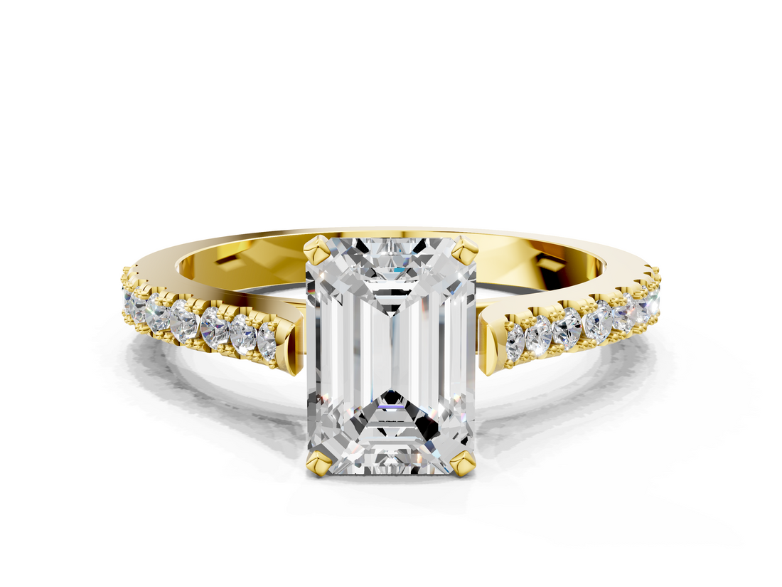Yellow gold Emerald Cut Solitaire Diamond Engagement Ring with Pave Band and Four-Prong Setting_195