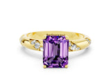 Yellow gold Emerald Cut Solitaire Diamond Engagement Ring with Twisted Pave Band and Four-Prong Setting