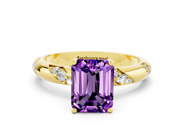 Yellow gold Emerald Cut Amethyst Solitaire Engagement Ring with Twisted Round  Accent Band and Prong Setting