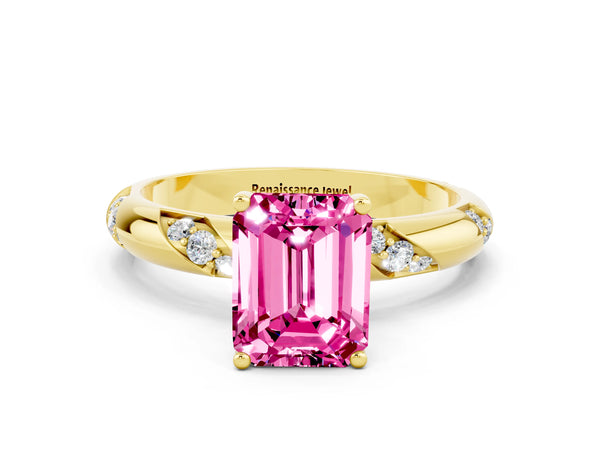 Yellow gold Emerald Cut Pink Sapphire Solitaire Engagement Ring with Twisted Round  Accent Band and Prong Setting