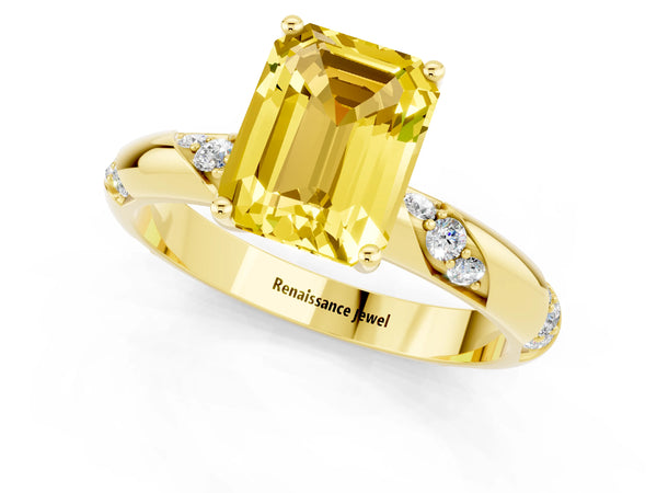 Yellow gold Emerald Cut Yellow Sapphire Solitaire Engagement Ring with Twisted Round  Accent Band and Prong Setting