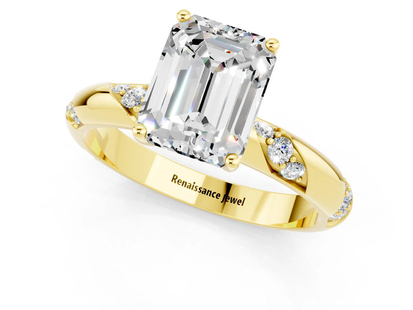 Yellow gold Emerald Cut Moissanite Solitaire Engagement Ring with Twisted Round  Accent Band and Prong Setting