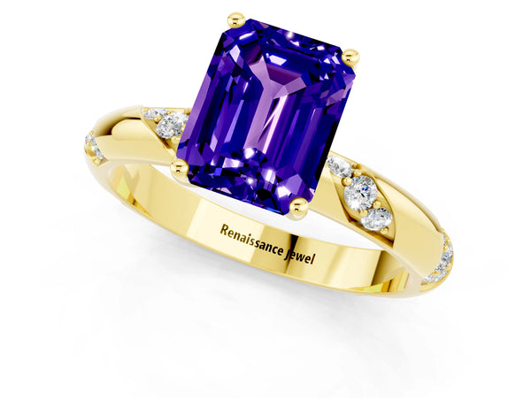 Yellow gold Emerald Cut Tanzanite Solitaire Engagement Ring with Twisted Round  Accent Band and Prong Setting