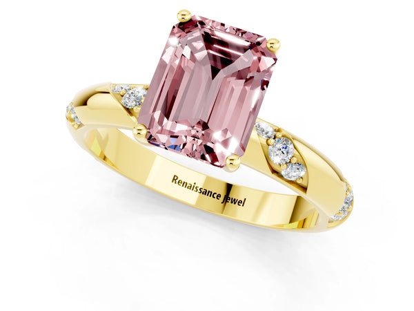 Yellow gold Emerald Cut Solitaire Diamond Engagement Ring with Twisted Pave Band and Four-Prong Setting