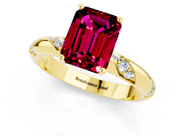 Yellow gold Emerald Cut Garnet Solitaire Engagement Ring with Twisted Round  Accent Band and Prong Setting