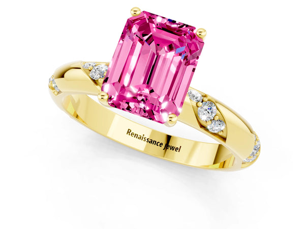 Yellow gold Emerald Cut Pink Sapphire Solitaire Engagement Ring with Twisted Round  Accent Band and Prong Setting