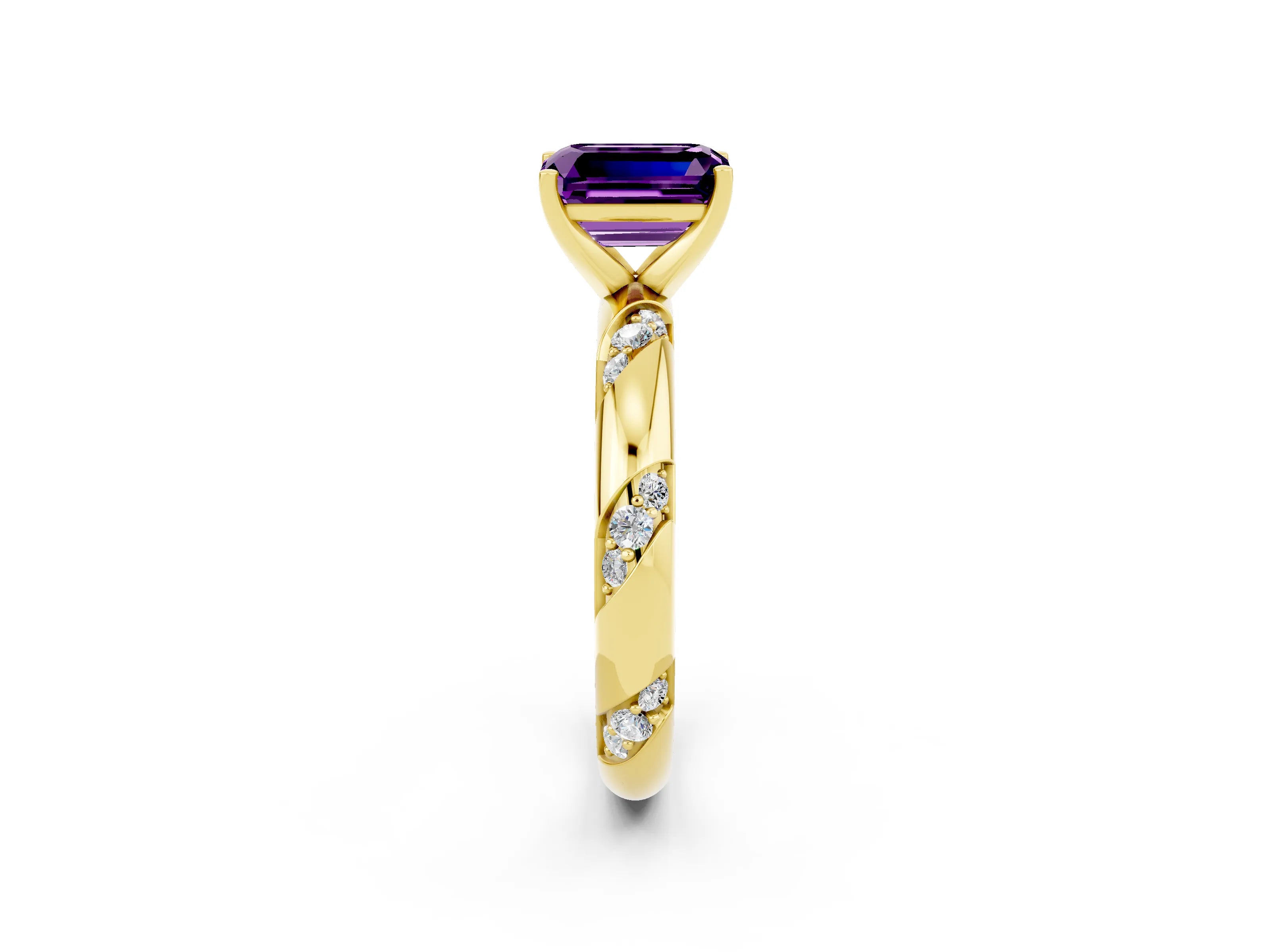 Yellow gold Emerald Cut Solitaire Diamond Engagement Ring with Twisted Pave Band and Four-Prong Setting_2