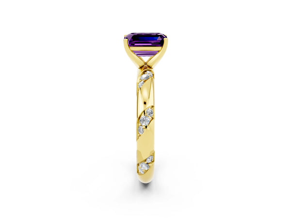 Yellow gold Emerald Cut Amethyst Solitaire Engagement Ring with Twisted Round  Accent Band and Prong Setting