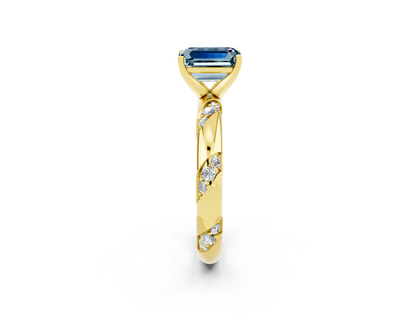 Yellow gold Emerald Cut Aquamarine Solitaire Engagement Ring with Twisted Round  Accent Band and Prong Setting