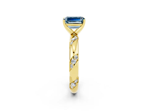 Yellow gold Emerald Cut Solitaire Diamond Engagement Ring with Twisted Pave Band and Four-Prong Setting_2