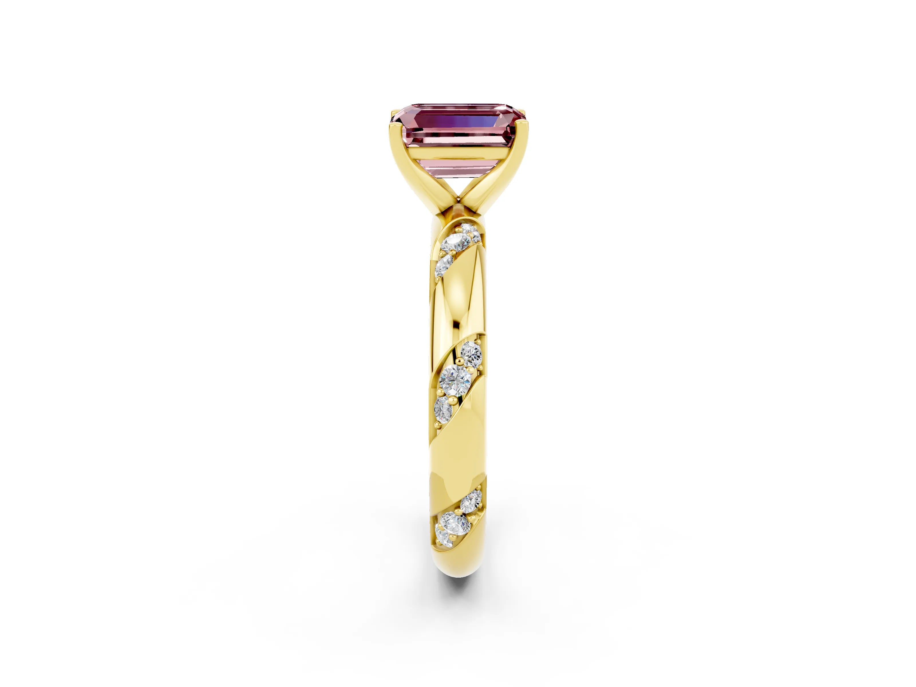 Yellow gold Emerald Cut Solitaire Diamond Engagement Ring with Twisted Pave Band and Four-Prong Setting_2