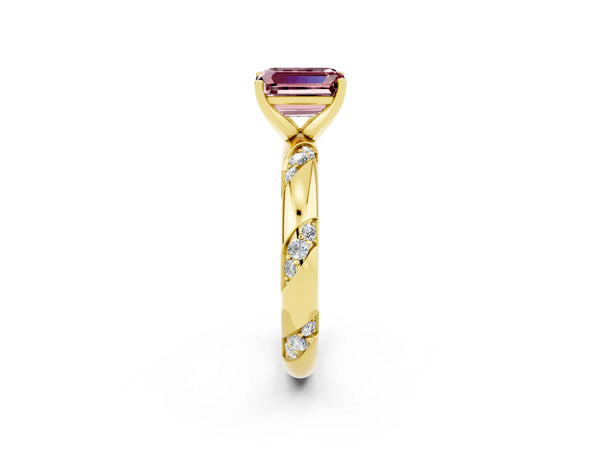Yellow gold Emerald Cut Solitaire Diamond Engagement Ring with Twisted Pave Band and Four-Prong Setting