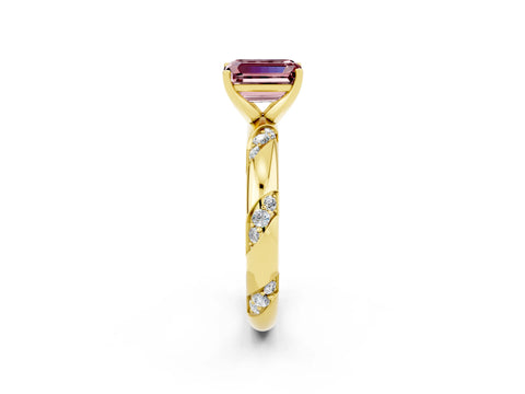 Yellow gold Emerald Cut Solitaire Diamond Engagement Ring with Twisted Pave Band and Four-Prong Setting_2