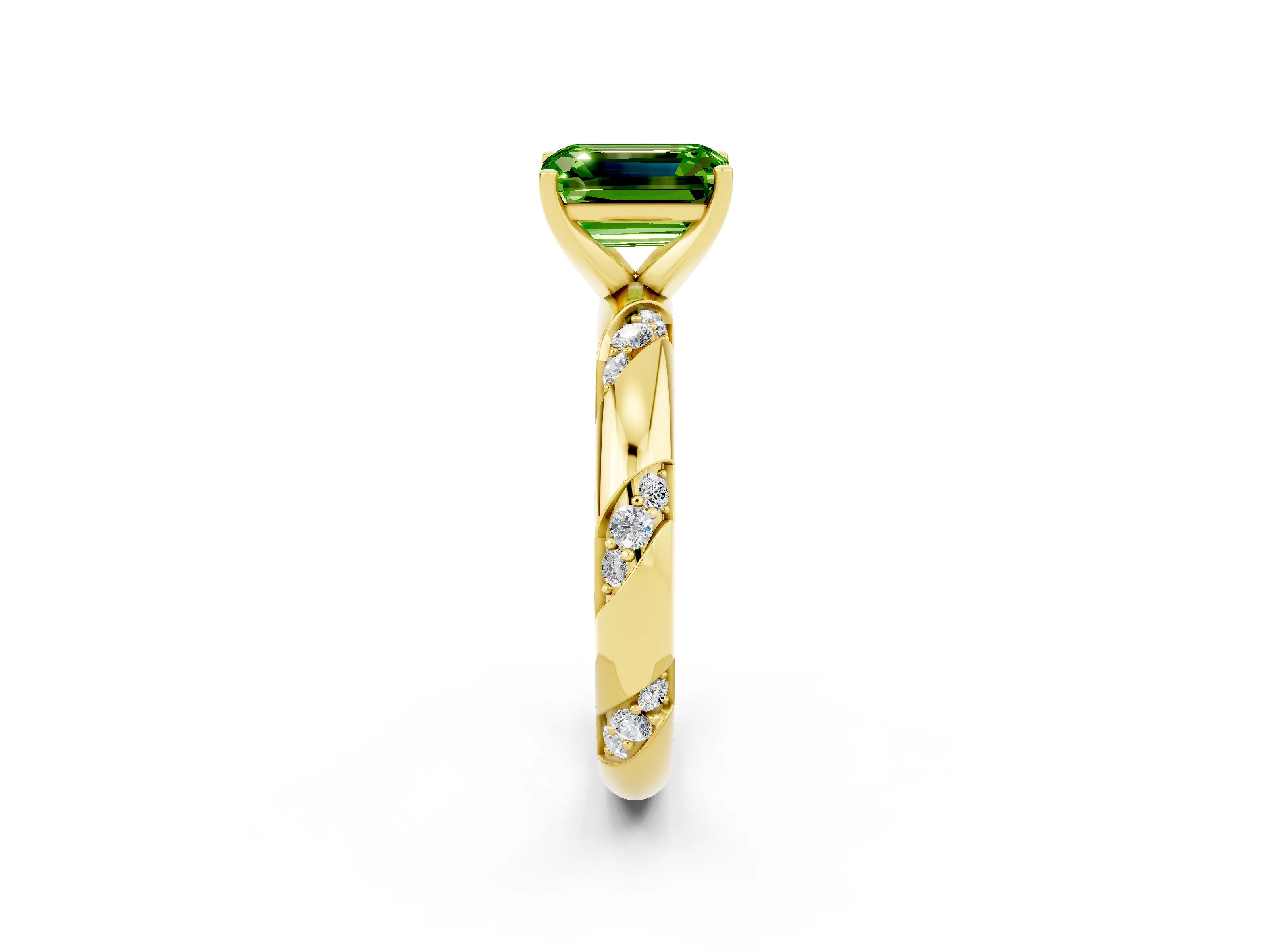 Yellow gold Emerald Cut Solitaire Diamond Engagement Ring with Twisted Pave Band and Four-Prong Setting_2