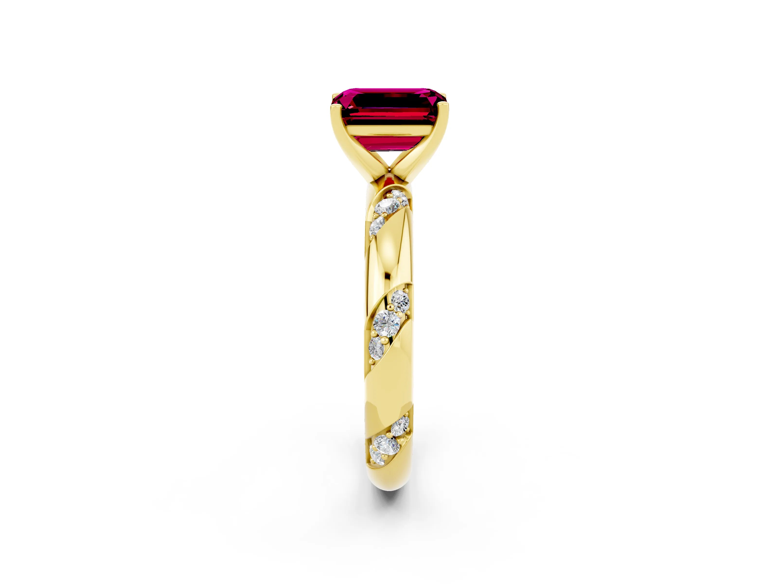 Yellow gold Emerald Cut Solitaire Diamond Engagement Ring with Twisted Pave Band and Four-Prong Setting_2
