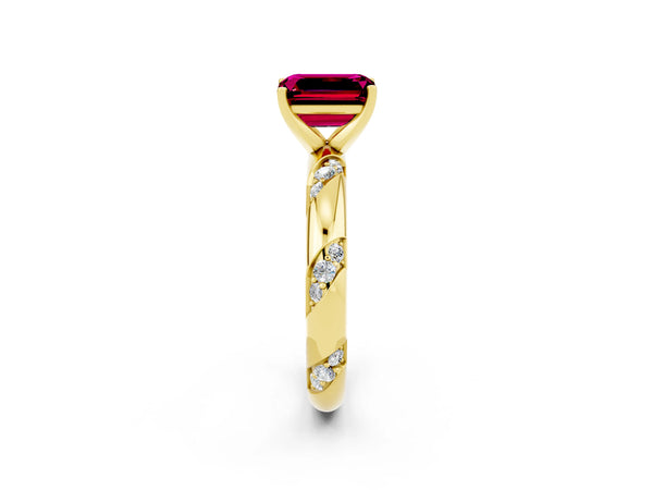 Yellow gold Emerald Cut Garnet Solitaire Engagement Ring with Twisted Round  Accent Band and Prong Setting