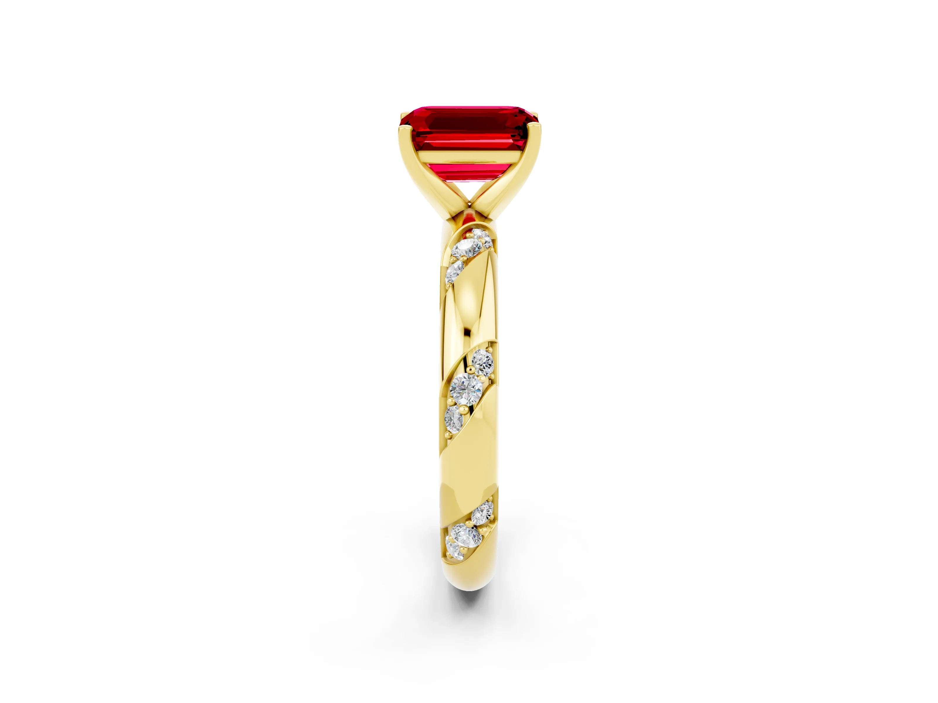 Yellow gold Emerald Cut Solitaire Diamond Engagement Ring with Twisted Pave Band and Four-Prong Setting_2