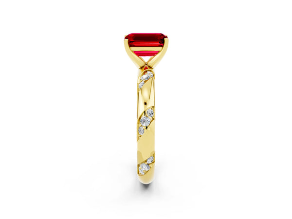 Yellow gold Emerald Cut Solitaire Diamond Engagement Ring with Twisted Pave Band and Four-Prong Setting