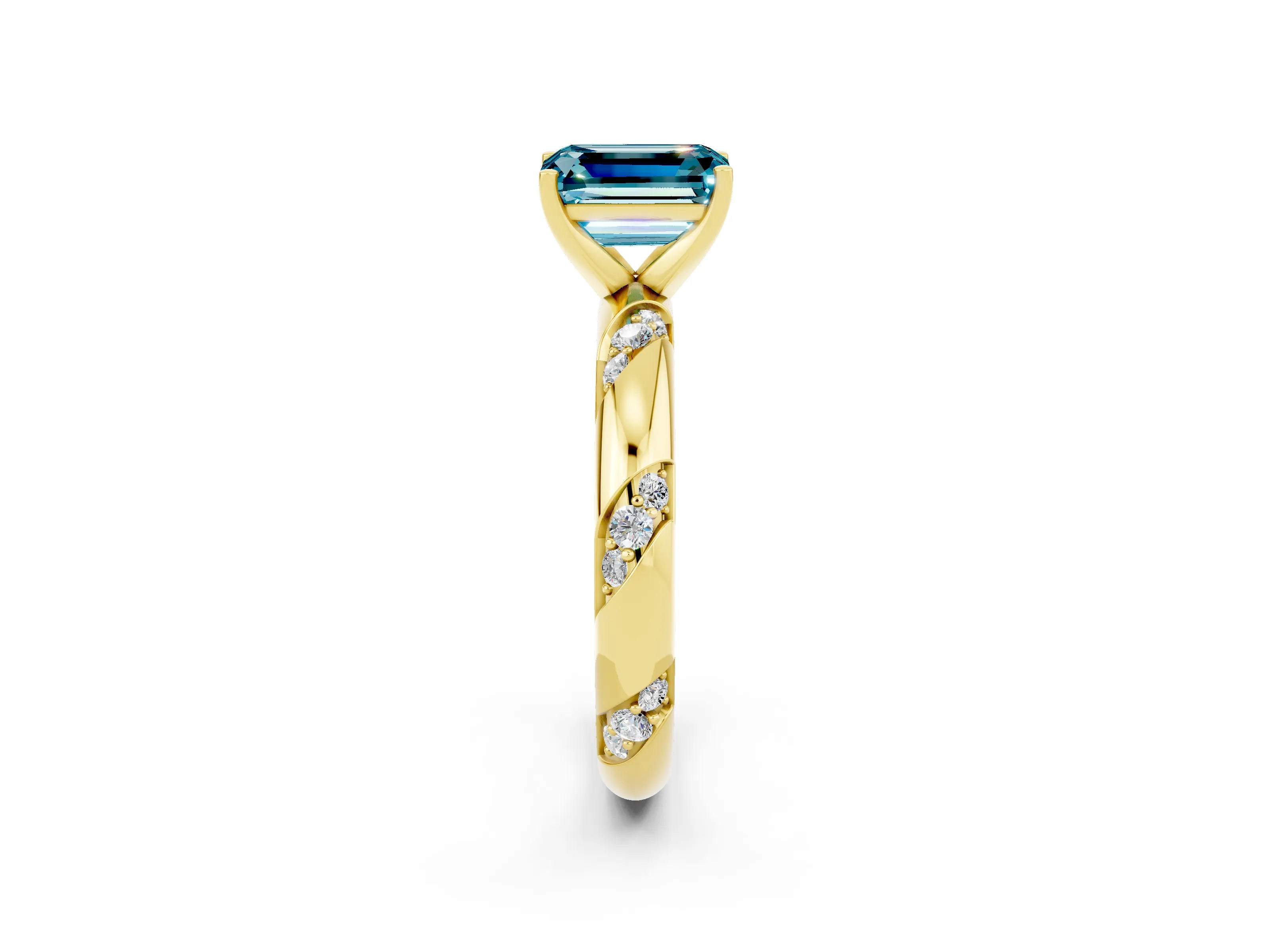 Yellow gold Emerald Cut Solitaire Diamond Engagement Ring with Twisted Pave Band and Four-Prong Setting_2