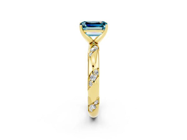 Yellow gold Emerald Cut Solitaire Diamond Engagement Ring with Twisted Pave Band and Four-Prong Setting