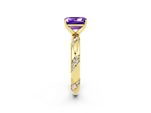 Yellow gold Emerald Cut Tanzanite Solitaire Engagement Ring with Twisted Round  Accent Band and Prong Setting