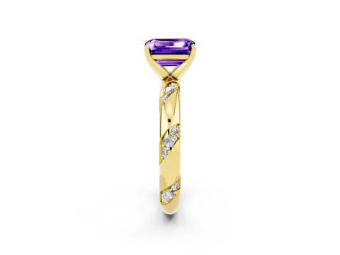Yellow gold Emerald Cut Solitaire Diamond Engagement Ring with Twisted Pave Band and Four-Prong Setting_2