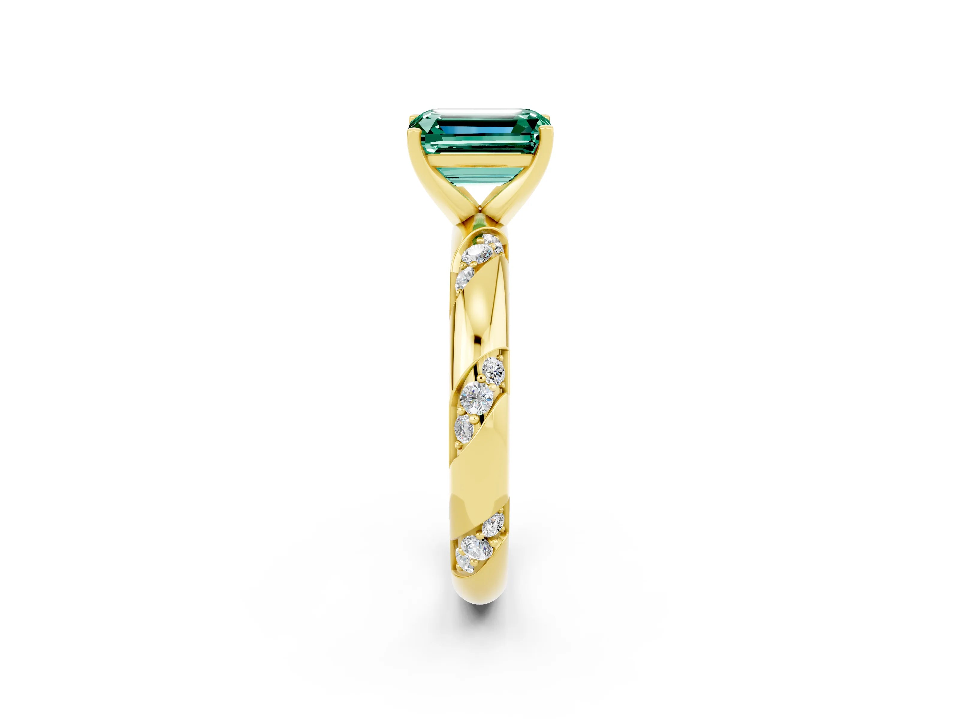 Yellow gold Emerald Cut Solitaire Diamond Engagement Ring with Twisted Pave Band and Four-Prong Setting_2