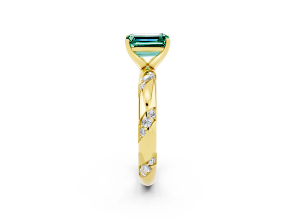 Yellow gold Emerald Cut Green Sapphire Solitaire Engagement Ring with Twisted Round  Accent Band and Prong Setting