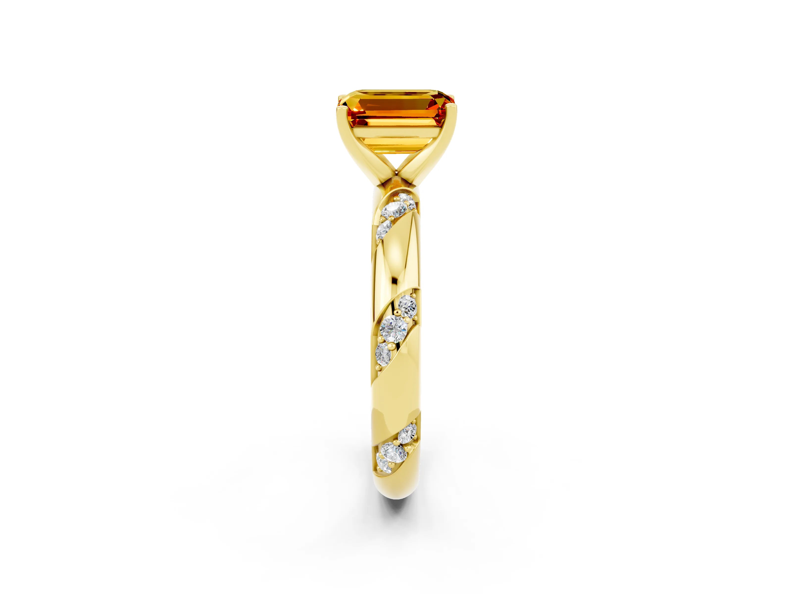 Yellow gold Emerald Cut Solitaire Diamond Engagement Ring with Twisted Pave Band and Four-Prong Setting_2