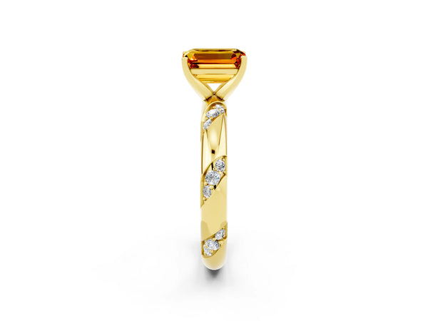 Yellow gold Emerald Cut Citrine Solitaire Engagement Ring with Twisted Round  Accent Band and Prong Setting