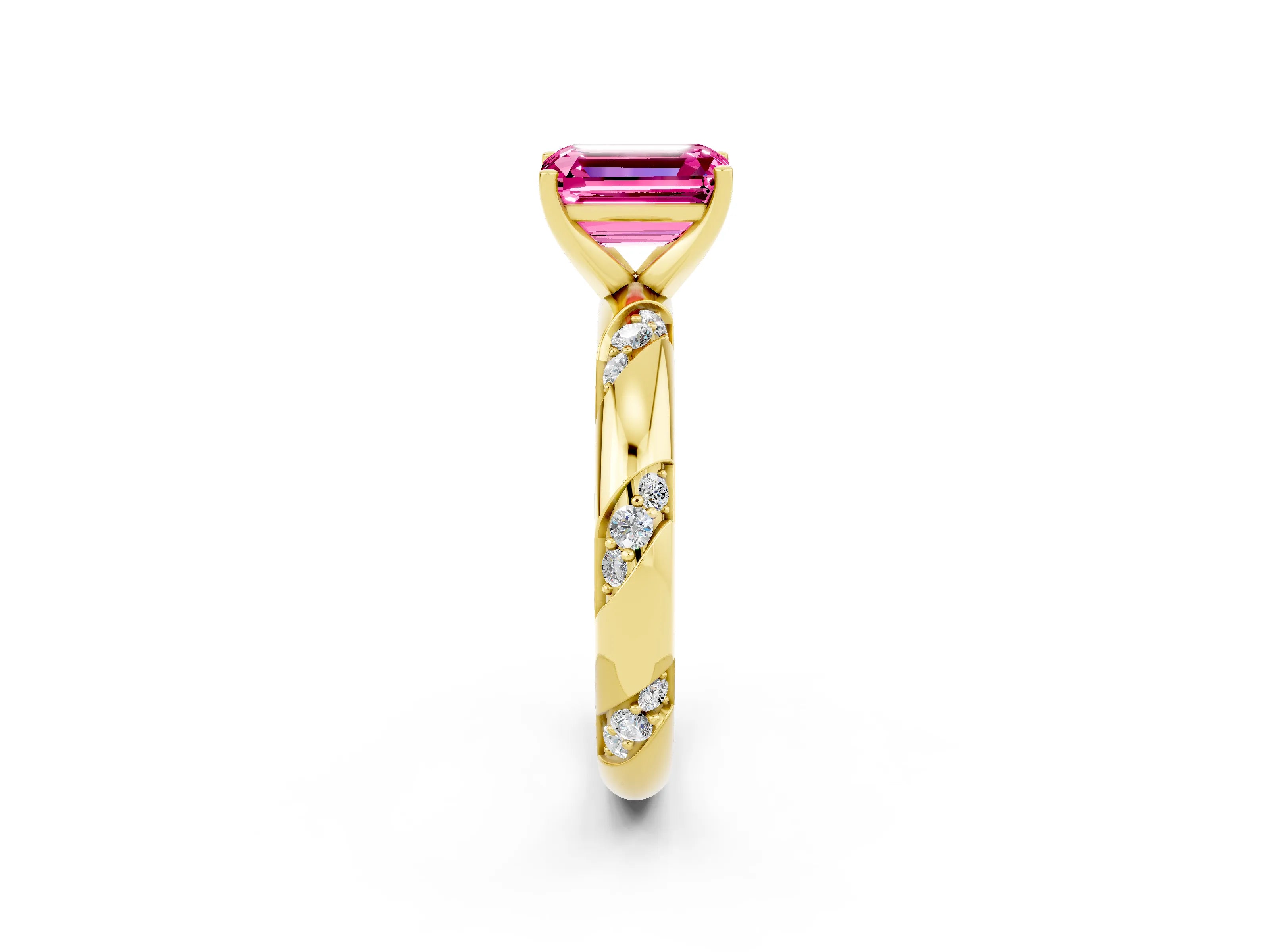 Yellow gold Emerald Cut Solitaire Diamond Engagement Ring with Twisted Pave Band and Four-Prong Setting_2